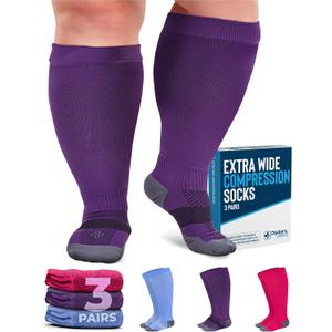 Doctor's Select 3 Pairs Plus Size Compression Socks Wide Calf | 20-30 mmHg Compression Socks for Women Wide Calf | Circulation Support Plus Size Compression Socks for Women | Pink, Purple, Blue, Size: 3X-Large