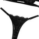 Lilosy Sexy Eyelash Underwire Floral Lace Sheer O Ring Linked Cutout Lingerie Set 2 Piece (Black)
