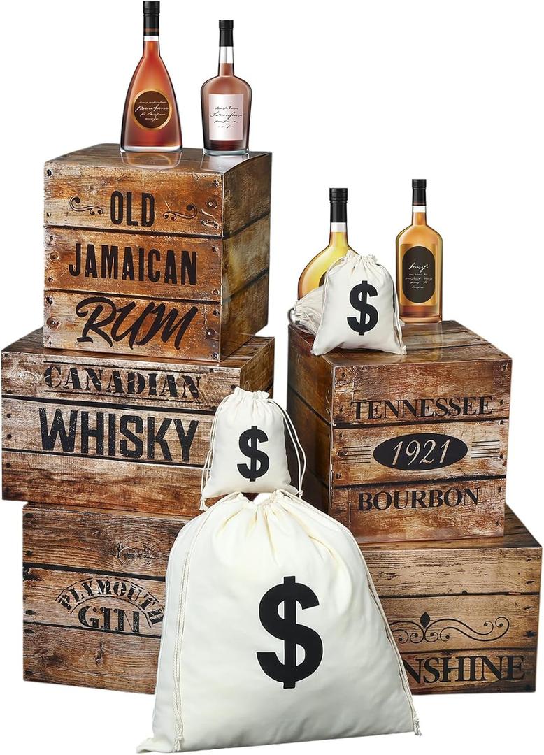 Marsui 13 Pcs Roaring 20s Party Decorations Photo Backdrop Speakeasy Decor Including 5 Wood Grain Boxes 4 Whiskey Bottle Cardboards and 4 Dollar Sacks for Retro Jazz Twenties 1920 Party (Dark Color)