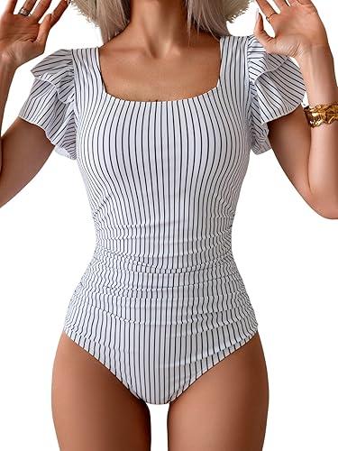 Eomenie Women's Tummy Control One Piece Swimsuit Ruffle Square Neck Bathing Suit Ruched Cutout Back Slimming Swimwear (XL,Black White Stripe)