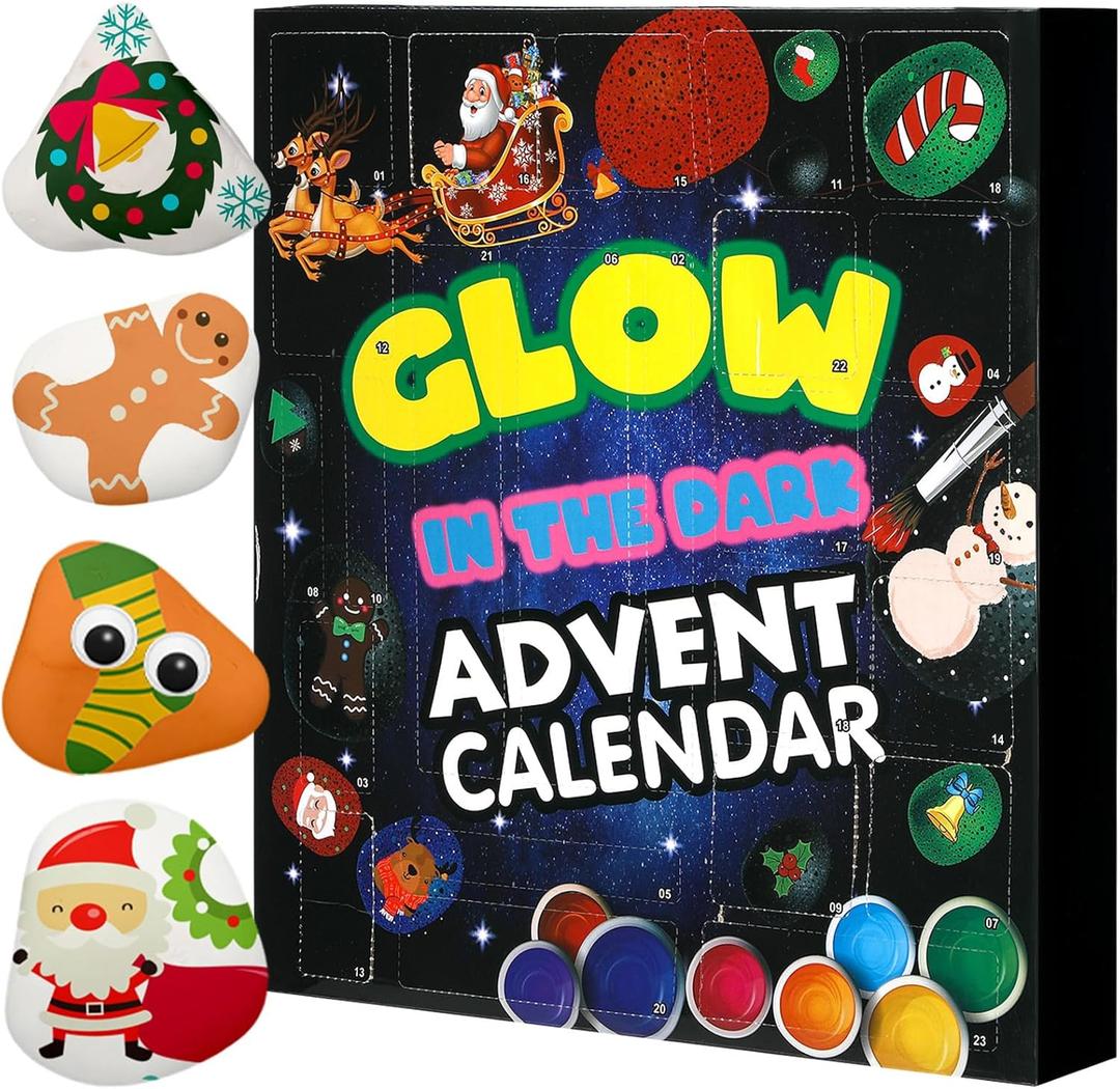 Soulchen 2025 Christmas Craft Advent Calendar for Kids Painting Kit Glow in The Dark Christmas Countdown Rock Crafts Kits with 24 Surprises DIY Painting Supplies Holiday Xmas Party Favor Gifts