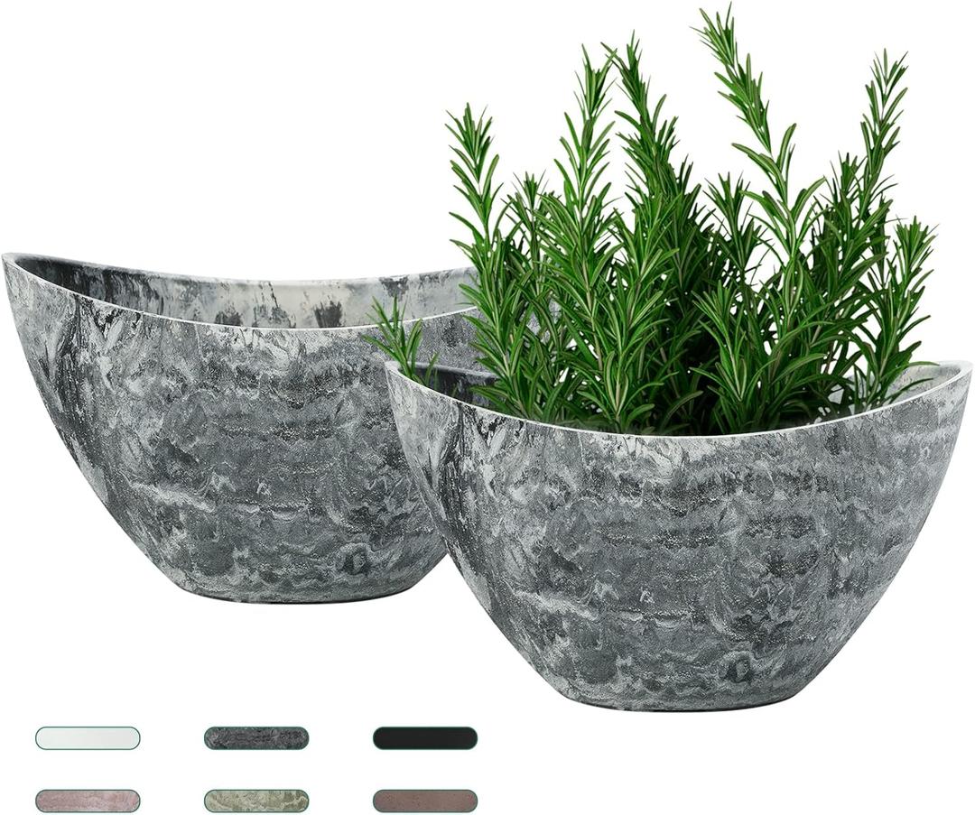 LaDoVita Plant Pots with Drainage Holes, 12 Inch Large Planters for Indoor Plants, Plastic Flower Pots Outdoor, 2 Pack, Marble Pattern Grey (Gray)
