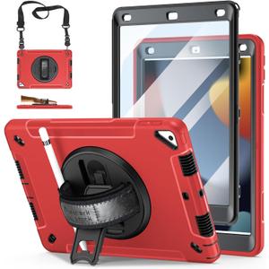 Case for iPad 9th/8th/7th Generation 10.2 Inch: TPU Cover for iPad 10.2 Inch with Screen Protector - Stand - Handle - Shoulder Strap- Pencil Holder- Red