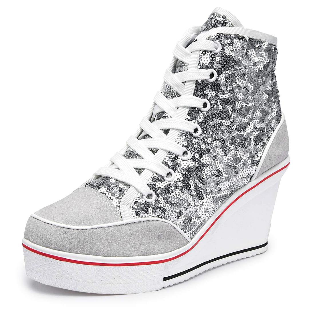 Jiu du Women's Glitter Sneakers Platform Wedge Sneaker Sparkly Sequin High Top Lace Up Sneakers Bling Wedding Dressy Tennis Shoes Silver Sequin Size US8 EU40