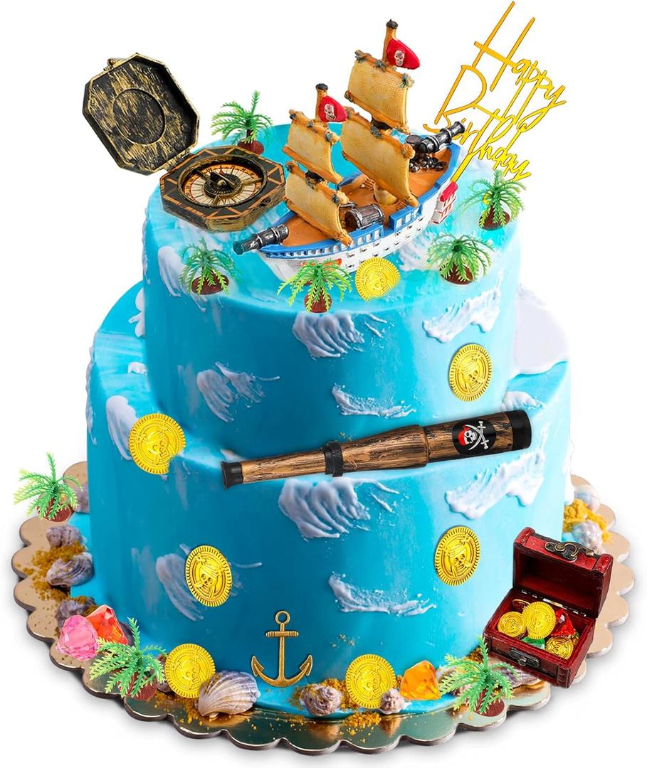 Charniol 32 Pcs Pirate Ship Cake Topper Nautical Sailboat Model Decoration Set Gold Coins Pirate Gems Treasure Telescope for Birthday Party Supplies