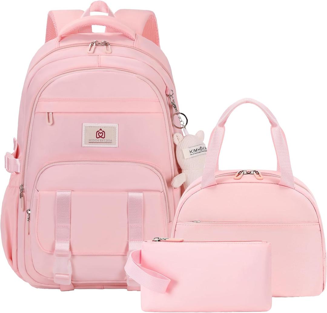 Hidds School Backpack for Teens Girls Women 3 PCS Kids Bookbag Set with Lunch Box College Laptop Backpacks Travel Daypack Bag (Pink)