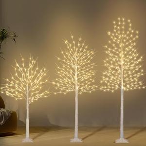 Birch Tree with LED Lights 4+6+8FT, 3PK Artificial Christmas Trees Prelit with 8 Lighting Modes and Timer, Lit Twinkling Twig Tree Warm White for Xmas Home Outdoor Indoor Decoration