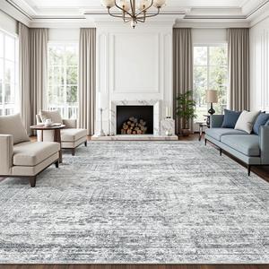 Soalmost 10x14 Area Rugs for Living Room, Non Slip Machine Washable Vintage Rugs, Low Pile Lightweight Large Rug for Bedroom, Dining Room, Home Office Grey