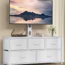TV Stand with Mount, Fabric Dresser with 5 Drawers for 32/45/55/60/65/75/85 inch TVs, White Dresser Entertainment Center, Modern Media TV Console Table