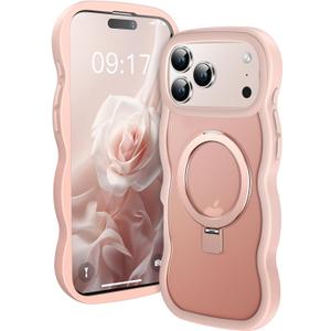 [Cute Wave Frame+Mag Stand] Designed for iPhone 17 Pro Max Case, [Fit for MagSafe] Translucent Silicone Protective Magnetic Ring Phone Case Cover for iPhone 17 Promax 6.9 inch Men Women, Pink