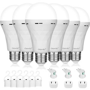 Ostwiki Rechargeable Light Bulbs,6 Pack Battery Operated Backup Emergency Light Bulb for Power Outage Camping Outdoor Hurricane 9W E27 8500K 1200mAh White Equivalent Self-Charging LED Light Bulbs