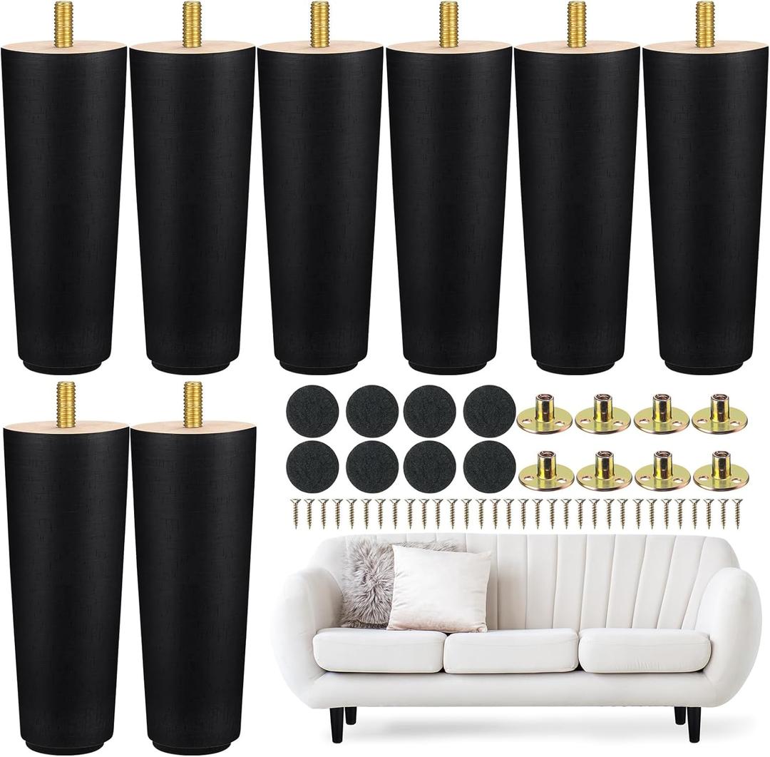 Maitys 8 Pcs 6 Inch Round Solid Wood Furniture Legs Furniture Wooden Replacement Chair Feet Dresser Sofa Couch Legs Table Cabinet Footstool DIY Projects for Home (Black)