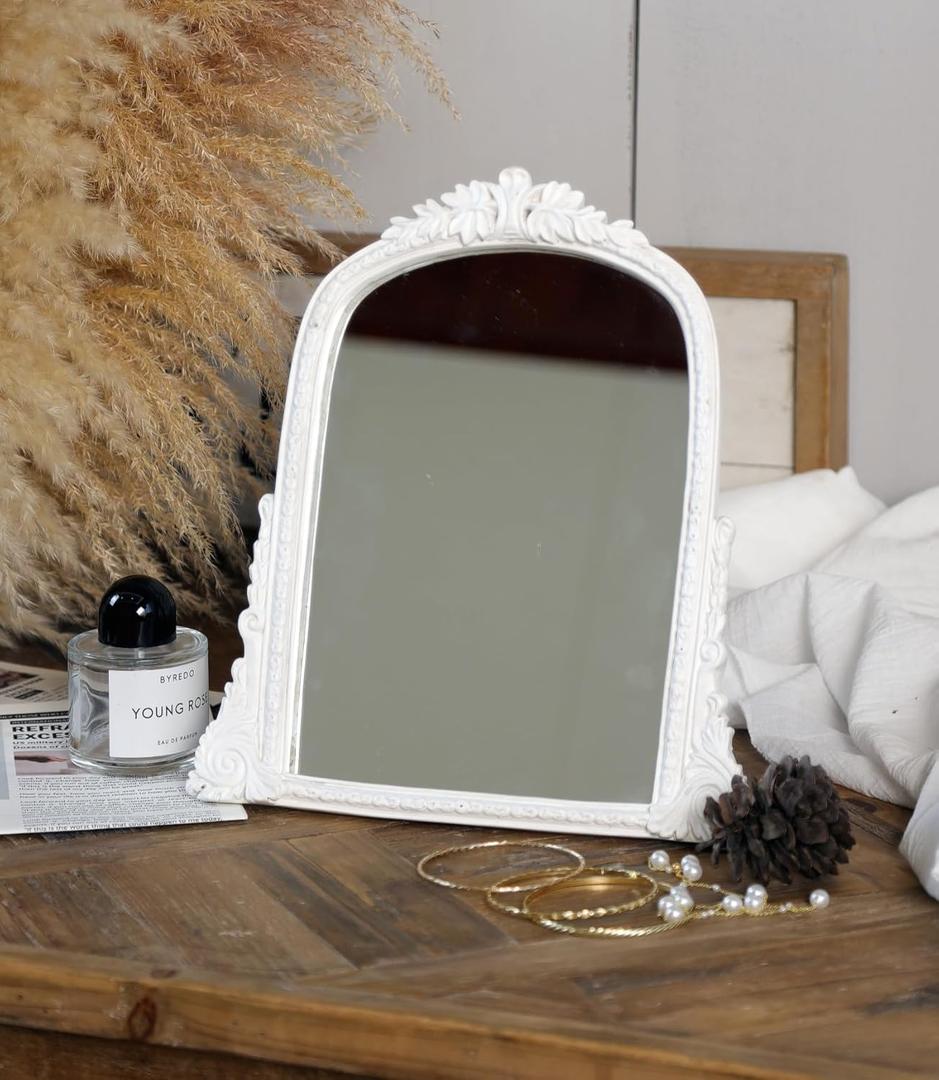 Vintage White Vanity Makeup Mirror, Antique Arch Table Mirror with Carved Resin Frame, Small Standing Mirror for Bedroom, Living Room, Tabletop (13.2" x 12.8")
