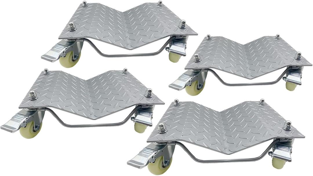 4 Pack Heavy Duty Wheel Dolly Car Tire Stakes Set for Tow or Vehicle Storage Furniture Movers 10,000 lbs Capacity Black (Silver, 4 Dollies)