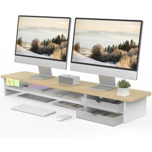 Fenge Monitor Stand, Dual Monitor Riser, 42.5inch Large Desk Computer Monitor Stand Riser with Drawer, 2 Tier Wood & Acrylic Desktop Organizer for Computer, Laptop, Printer, TV Screen Riser