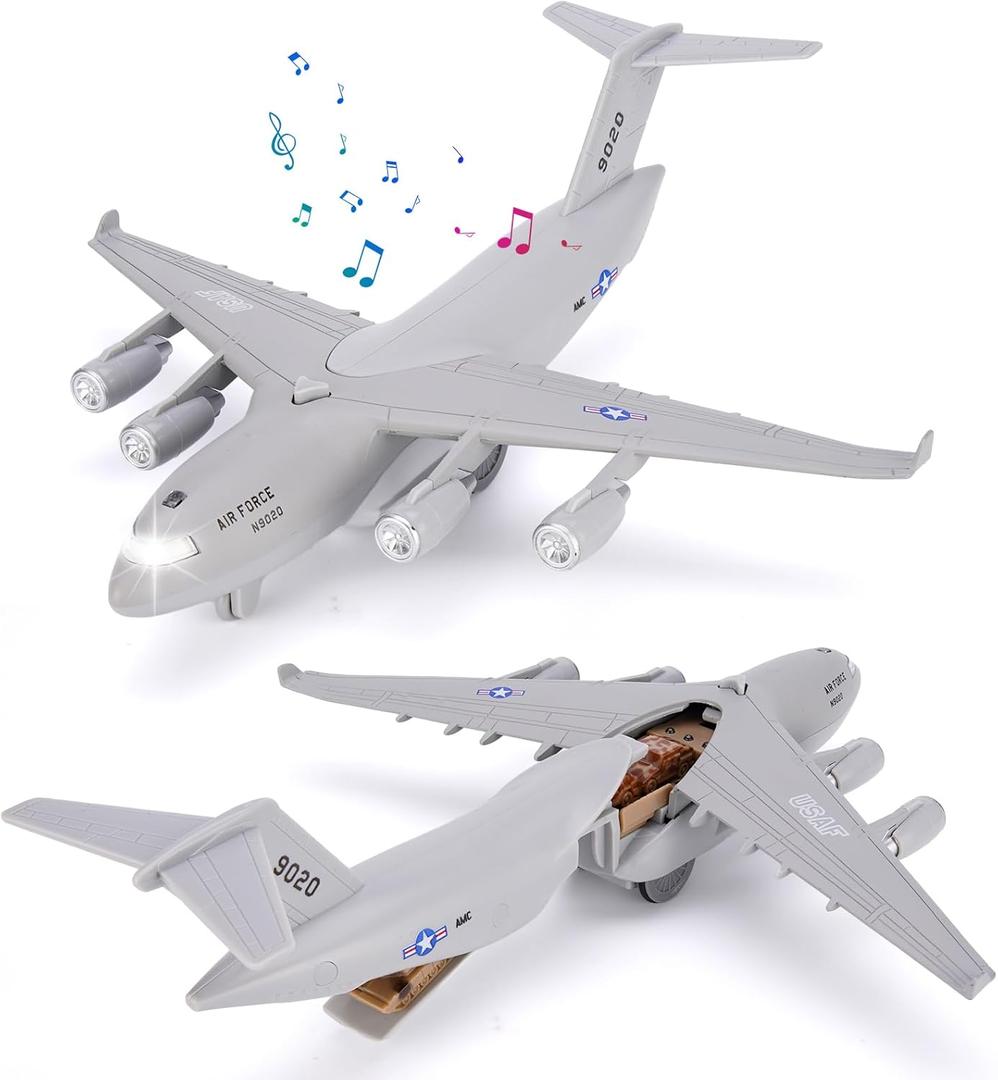 Air Force Diecast Plane Toy with Lights & Sounds Pull Back, Grey Metal Military Model Airplane, Army Aircraft Fighter Toy, Play Vehicle for Kids Boys Toddlers Ages 3+