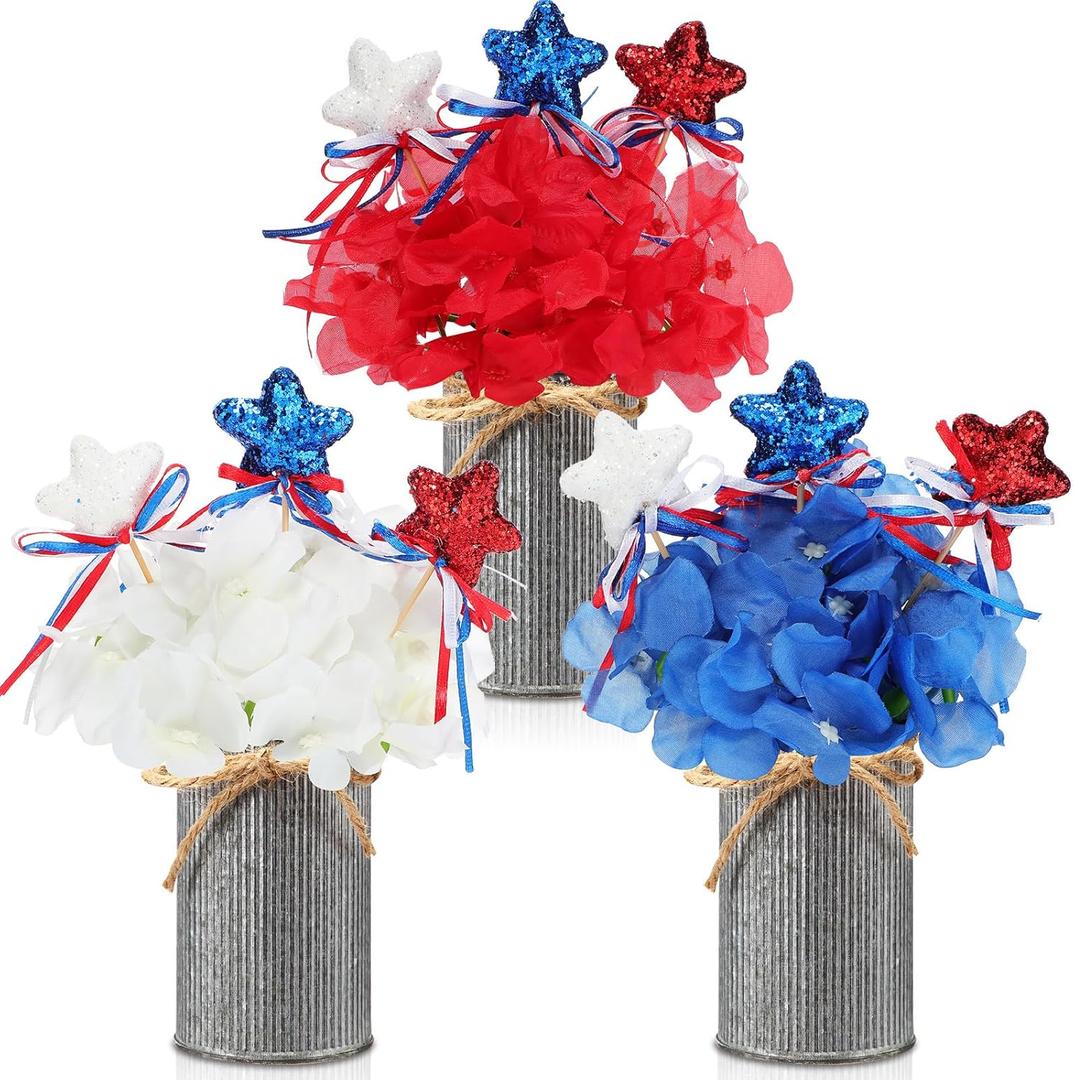 3 Sets Patriotic Centerpieces for Tables Memorial Day Independence 4th of July Red White Blue Artificial Hydrangeas Flower with Vase and Glitter Stars Picks for Home Office(Iron Color)