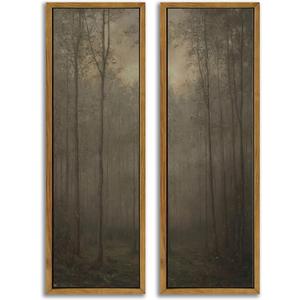 Framed Misty Forest Wall Art,Muted Dark Vintage Foggy Tree Landscape Prints, 24"Lx8"W