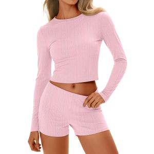 Women's 2 Piece Knit Lounge Sets, Casual Matching Outfits Long Sleeve Crew Neck Slim Crop Tops and High Waist Short, XS