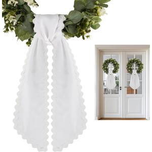 2 Pcs Scalloped Wreath Sash for Front Door Ruffle Wreath Ribbon for Yard Porch Garland Home Decor(White)