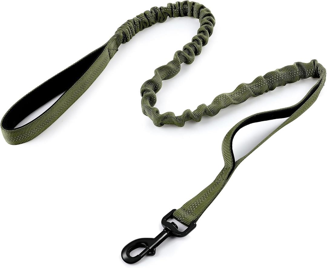 rabbitgoo Tactical Bungee Dog Leash with Shock Absorption, Military Training Leash with 2 Padded Control Handles for Medium Large Dogs, 5.2FT, Green