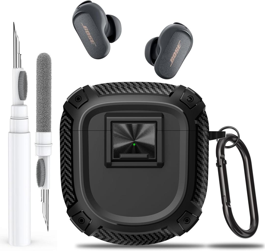 Olytop for New Bose QuietComfort Earbuds II (2022) / Ultra (2023) Case Cover with Lock Clip&Cleaner kit Pen, Rugged Shockproof Protective Hard Skin with Carabiner Men Women for Bose QC 2 - Black