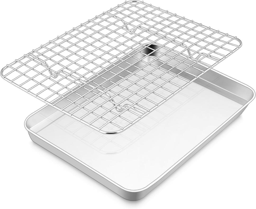 E-far Stainless Steel Baking Sheet with Wire Rack Set, 10.5 x 8.3 Cookie Sheet Baking Pan for Toaster Oven, Small Metal Tray with Cooling Rack for Cooking Roasting, Non-Toxic & Dishwasher Safe