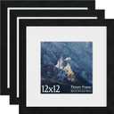 12x12 Square Picture Frame 3 Pack, Solid Real Wood Grain, 12x12 Without Mat, Wall Gallery Poster Frames, Black