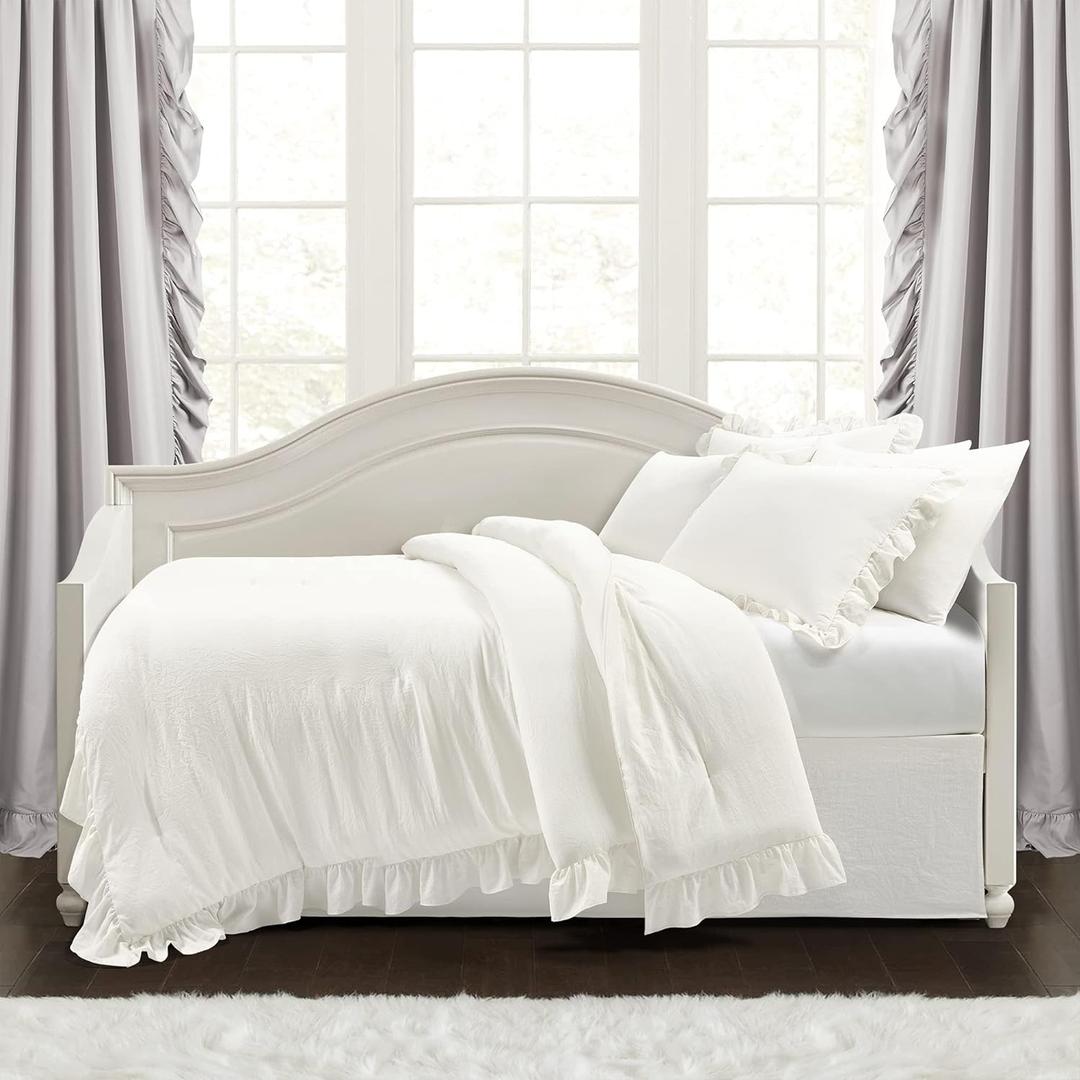 Lush Decor Reyna Ruffle Daybed 6 Piece Set 68" W x 92" L, White - White Bedding Set - Daybed Comforter Set - Ruffled Bedding - Coquette Decor