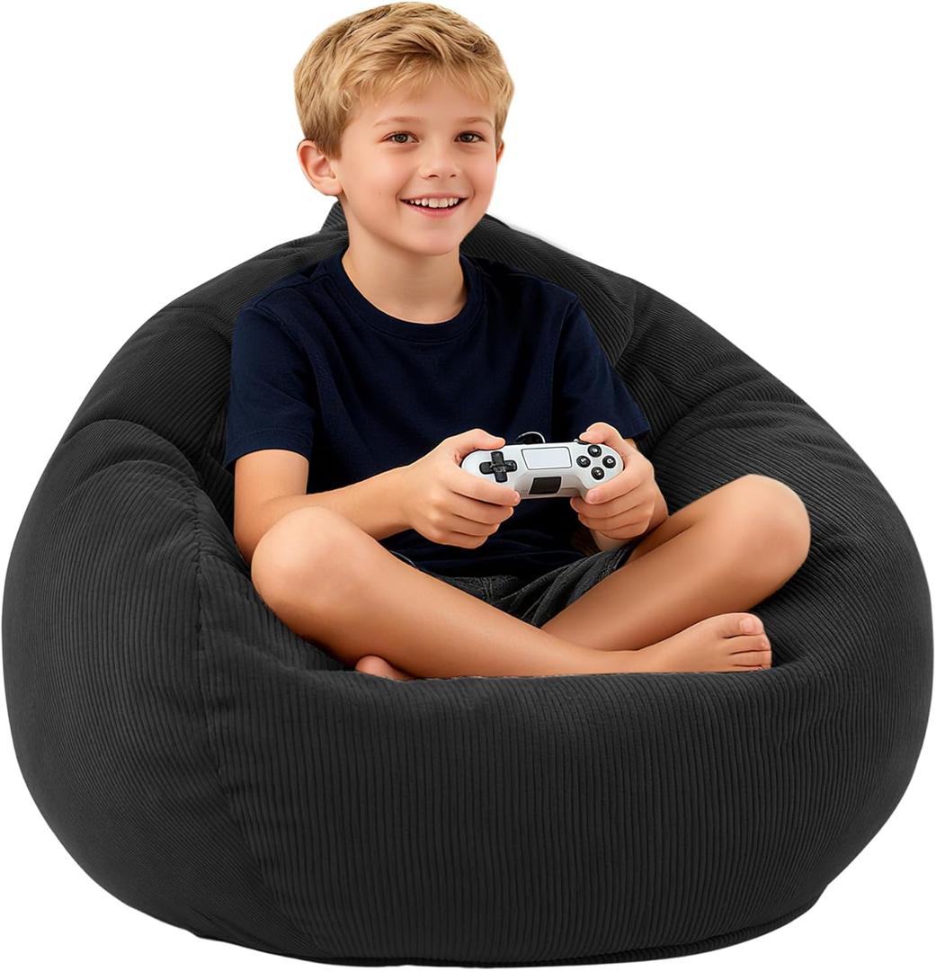 LPMOERA Bean Bag Chair Memory Foam Bean Bag Chairs for Kids/Teens with Filling Round Kids Bean Bag Chair for Living Room Bedroom College Dorm Reading Chair (Black)