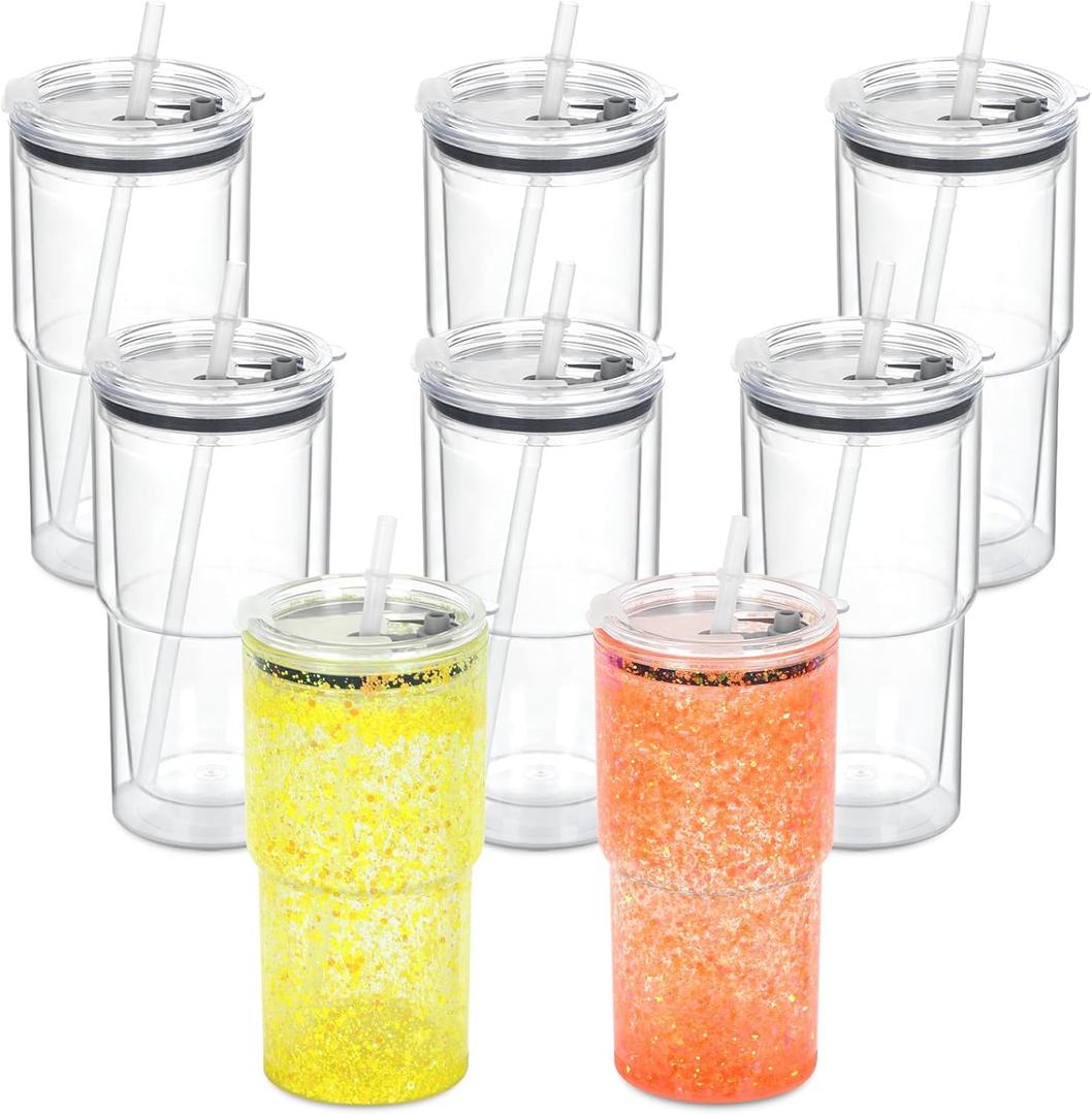 18 Oz 8 Pack Acrylic Snowglobe Tumbler, Snow Globe Cups with Pre Drilled Hole, Double Wall Plastic Clear Travel Coffee Tumbler Mugs for Snow Globe Glitter DIY
