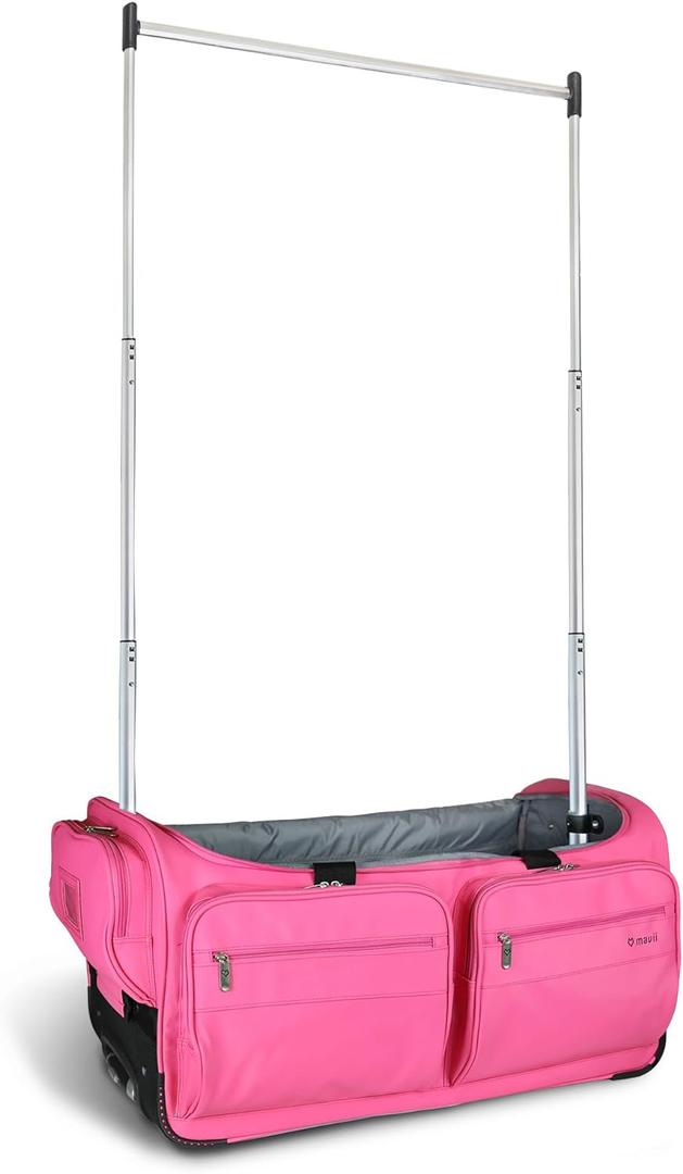 Mavii Dance Bag with Garment Rack, 28 Inch Rolling Duffel, Ideal for Competitions & Travel, Water-resistant/Wipe-clean Fabric, Lightweight Aluminum Rack, Wheeled Upright Luggage, Hot Pink