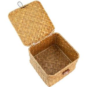 Seagrass Handmade Basket with Lid, Small Basket for Storage, Decorative Home Organizer Decor(5.5"L x 5.5"W x 4"H, Natural)