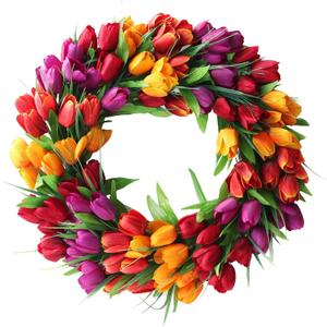 UNIE 20Inch Tulip Wreath Flower Wreaths for Front Door, Spring Silk Wreath with Green Leaves for Window Wall Wedding Valentines Day Decor