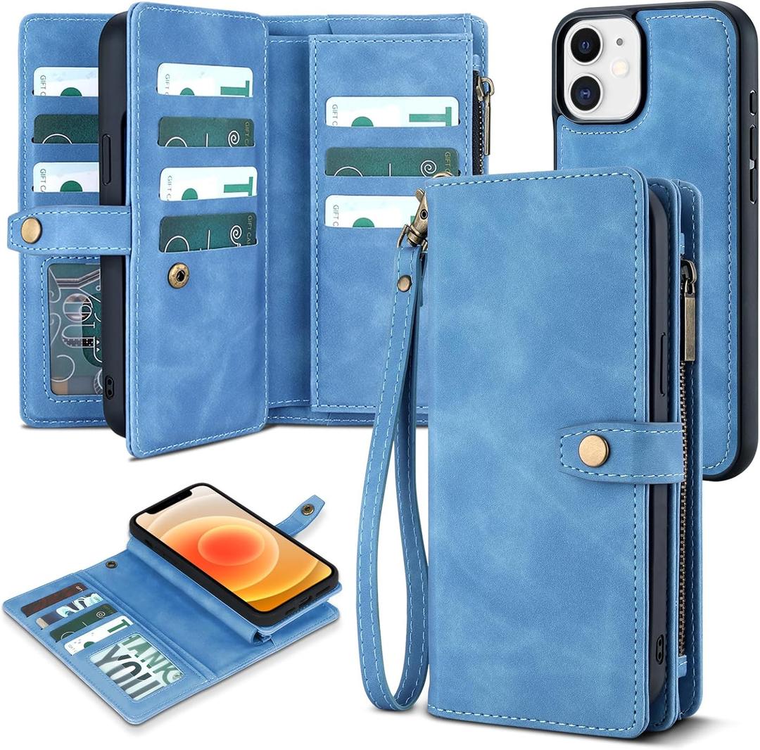 TwoHead for iPhone 12/12 Pro Wallet Case with Card Holder & Detachable Magnetic Phone Case,Leather All-Round Protection Phone Case for Women/Men,6.1IN,Sky Blue