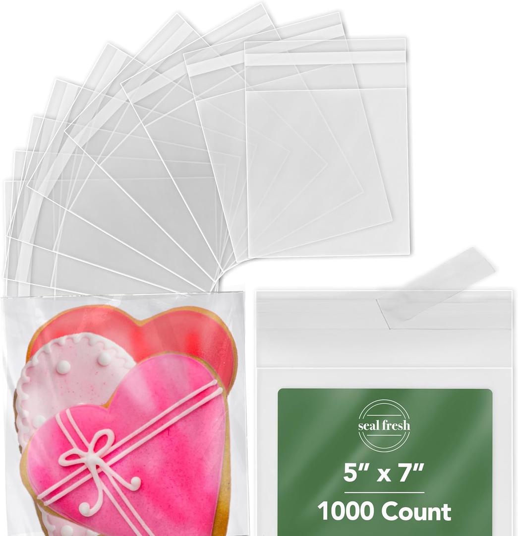 Seal Fresh – 5" x 7" (1000 Count) Clear Resealable Cellophane Bags – For Cookies, Candies, Treats, Pastries, Party Favors, and Goodies