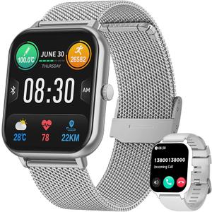 Smart Watch for Men Women Fitness: 1.83 Inch Bluetooth Call Smartwatch with Blood Oxygen Blood Pressure Monitor Compatible with Android Ios 100+ Sports Mode Heart Rate Monitor Step Counter IP67 Watch (Silver)