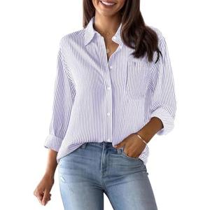 Striped Button Down Shirts for Women Cotton Dress Shirts Long Sleeve Collared Blouses Work Business Casual Tops Large