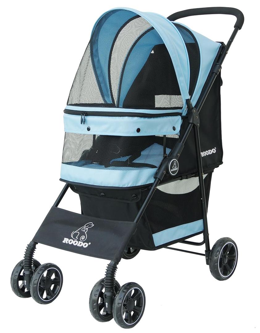 ROODO 4 Wheel Dog Cat Pet Stroller Best Lightweight Foldable Compact Portable Jogger All Terrain Travel Pet Gear Puppy Doggie Bunny Kitty Stroller for up to 30lbs Medium Small Dogs Cats (Sky Blue)