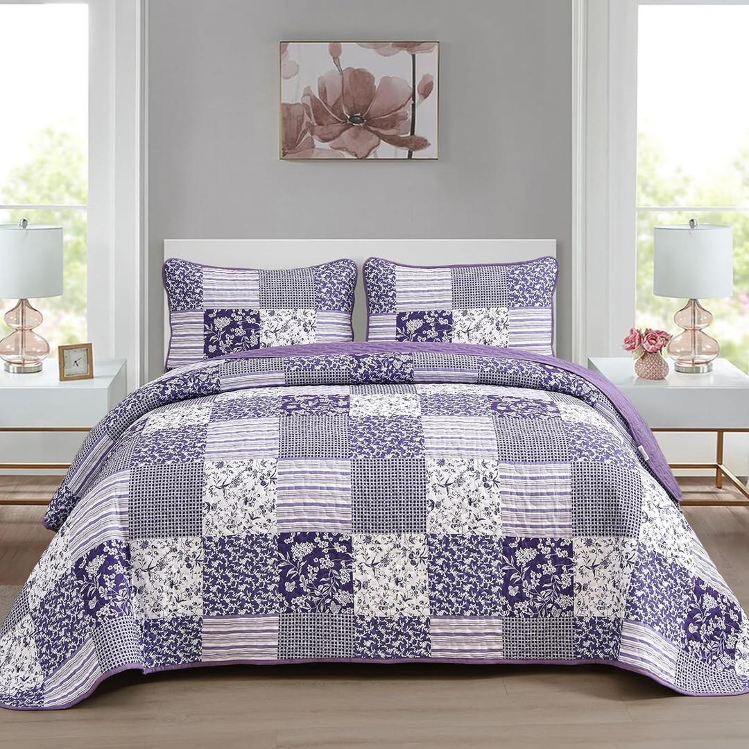 Mybedsoul Purple Quilt Set Twin Size, 2 Pieces Plaid Floral Bedspread Set Patchwork Reversible Bedding Set Microfiber Lightweight Bedspread Coverlet Set for All Season 68"x86"