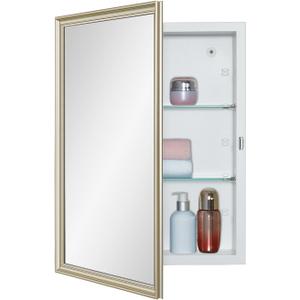 White Medicine Cabinet with 16x22 Inch Gold Frame Mirrored Door, Wall Mounted Storage, Recessed or Surface Mount, 2 Adjustable Glass Shelves, Vanity Organizer for Bathroom, Bedroom, Hallway, 16x22 inch Framed Mirrored Door