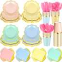 Yaomiao 336 Pcs Plates and Napkins Party Supplies Disposable Dinnerware Set Scalloped Plates Cups Napkin with Plastic Forks Knives Spoons Serve 48 Guests for Birthday Wedding (Multicolor,Irregular)