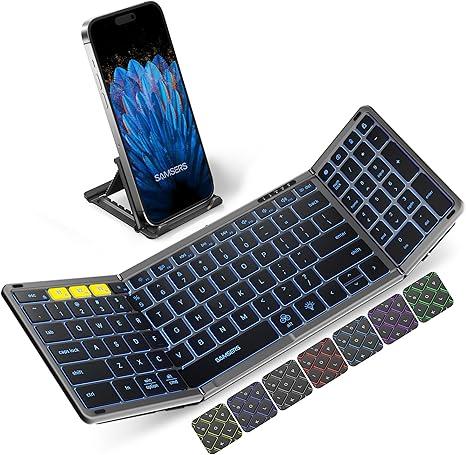 Foldable Bluetooth Keyboard with Numeric Keypad, Samsers FullSize Wireless Folding Keyboard with Backlight, Portable Travel Keyboards for iOS Android Windows Mac OS, Support 3 Device(BT5.1 x 3), Gray
