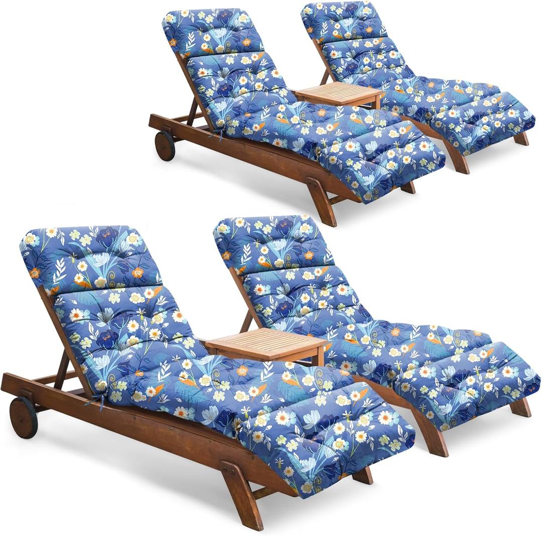 Tycdiose Outdoor Chaise Lounge Chair Cushion Set of 4, Waterproof 74.4 x 22 x 4.7 Inches Memory Foam Thickened Lounge Chair Cushions Replacement for Outdoor Furniture with Ties, Blue Floral
