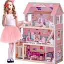 ROBOTIME Wooden Dollhouse, Doll Houses Playset with 24 Pcs Furniture for 4, 5, 6-Inch Dolls, Dollhouse Gift for 3+ Year Old Girls (Pink), One Size