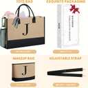 BAGAIL Initial Tote Bag with Makeup Bag, Personalized Gifts for Woman, Monogrammed Beach Bag for Friends, Mom, Teachers(Jute Brown, J)