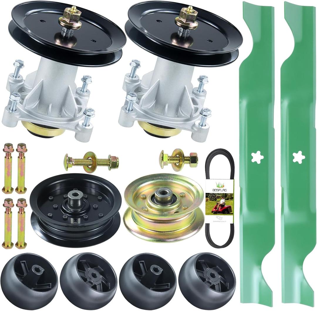 46 Inch Mower Deck Rebuild Kit Includes 2 Pack 587819701 Spindle Assembly Kit with 197473 Pulley, 177968 532196106 Idler Pulley 532405143 Belt 532174873 Wheel 532405380 Blade