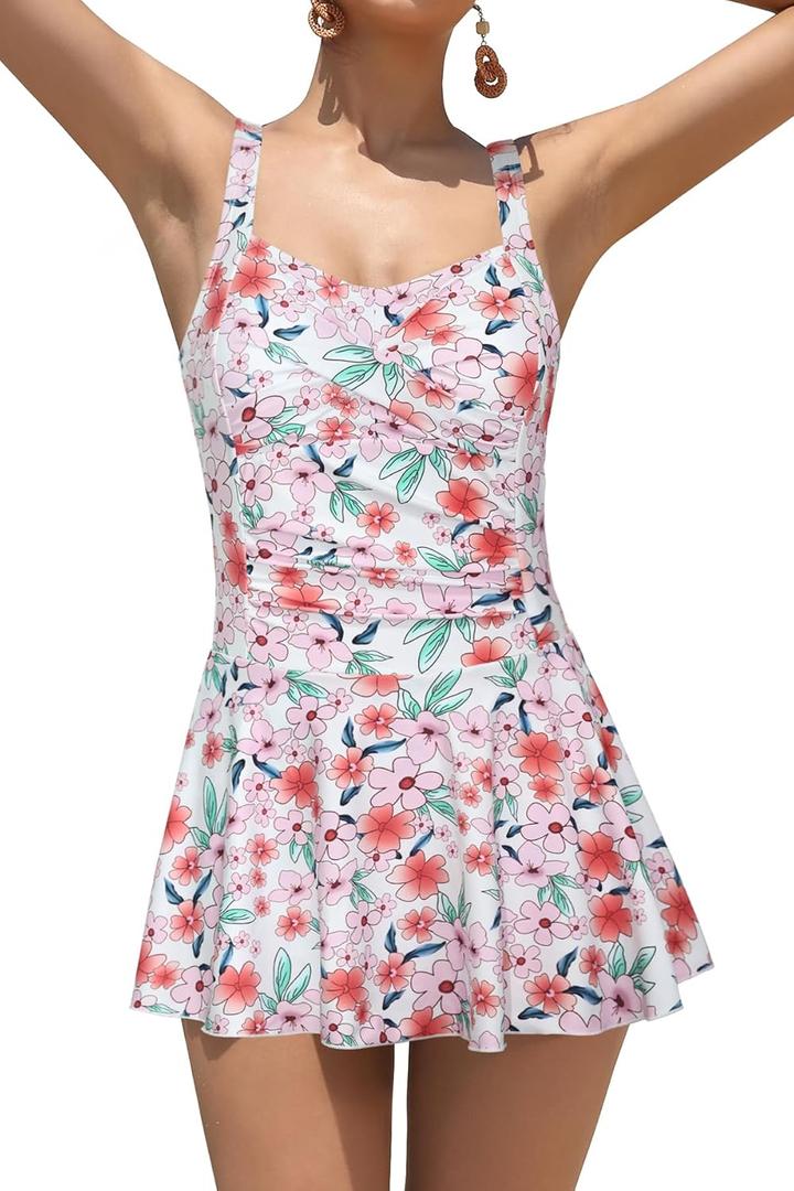 SHEKINI Women Retro One Piece Skirt Swimsuit Ruched Crossover Swimdress Bathing Suit (Small, Pink Broken Flower)