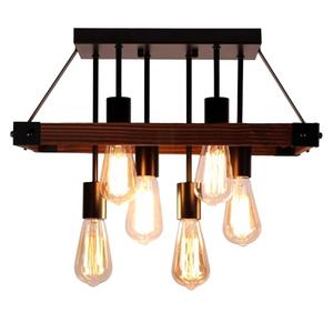 Farmhouse Semi Flush Mount Ceiling Light Fixture, Lights for Bedroom, Black Metal and Wood Kitchen Light Fixtures with 6 E26 Bulb Sockets, Hallway Light Fixtures, Lamps for Living Room