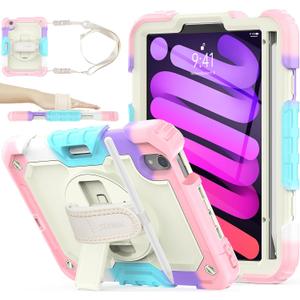 SEYMAC stock Case for iPad Mini 7 (A17 Pro)2024/ Mini 6 8.3'' with Screen Protector Pencil Holder [360 Rotating Hand Strap] &Stand, Drop-Proof Case for iPad Mini 7th/6th Generation 8.3",Yellowish+Pink
